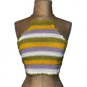 Zara Knitted Crochet Striped Crop Halter Backless Adjustable Straps